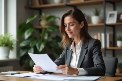 Femme d affaires examinant des documents de mortgage dans un bureau moderne