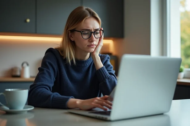 Femme inquiète dans la cuisine avec ordinateur portable