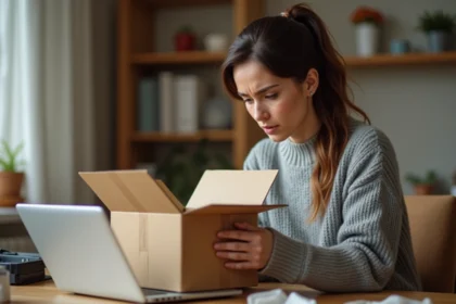 Femme inspectant un colis Amazon ouvert à son bureau pour initier un retour produit