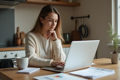 Femme en intérieur regarde son ordinateur portable pour assurance