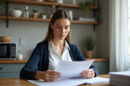 Femme lisant une facture dans une cuisine moderne