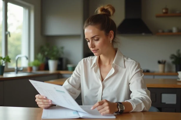 Femme en blouse regardant des papiers à la maison