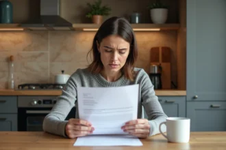 Femme lisant une lettre de résiliation d'assurance à la maison