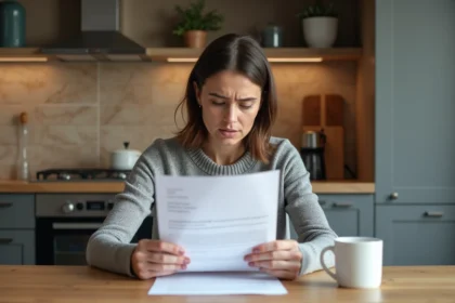 Femme lisant une lettre de résiliation d'assurance à la maison