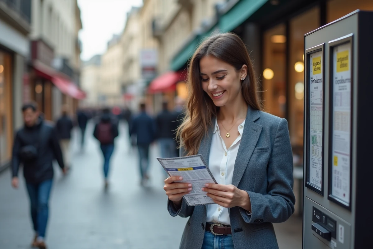 Jeune femme regardant son ticket de loto en ville