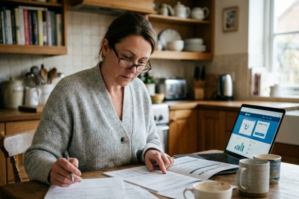 Femme consultant ses documents de mutuelle santé et son ordinateur pour optimiser ses remboursements optiques avant la fin d'année