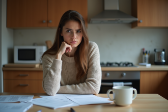 Jeune femme concentrée à la maison avec papiers