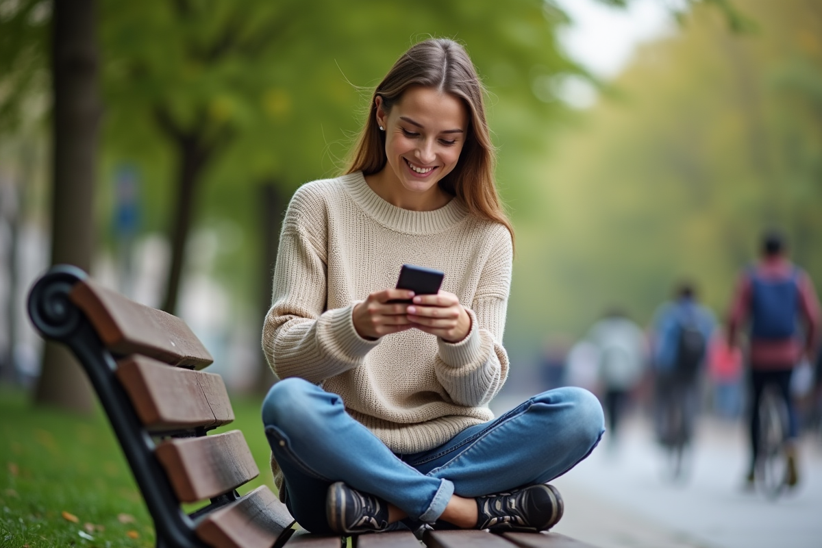 Femme souriante utilisant une application ETF dans un parc urbain