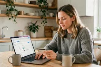 Femme utilisant PayPal sur son ordinateur portable à la maison, tenant une carte bancaire