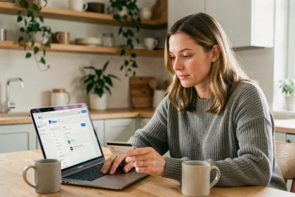 Femme utilisant PayPal sur son ordinateur portable à la maison, tenant une carte bancaire