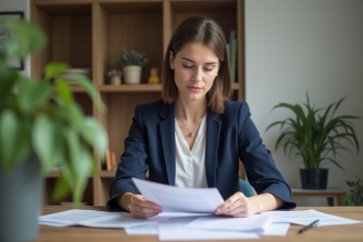 Jeune femme en blazer bleu examine documents de pret immobilier