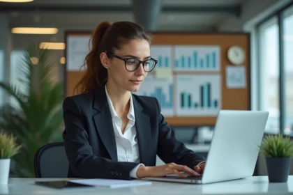 Femme professionnelle concentrée sur son ordinateur dans un bureau moderne