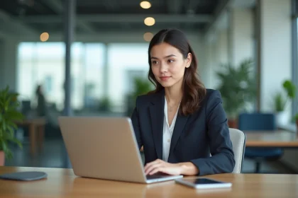 Femme en blazer utilisant la reconnaissance faciale au bureau