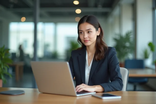 Femme en blazer utilisant la reconnaissance faciale au bureau
