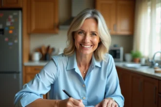 Femme remplissant un chèque à la table de cuisine pour un paiement entre particuliers