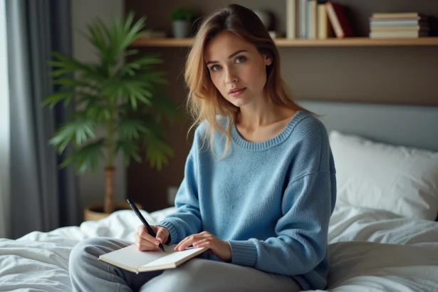 Femme en détente dans sa chambre avec carnet et plante