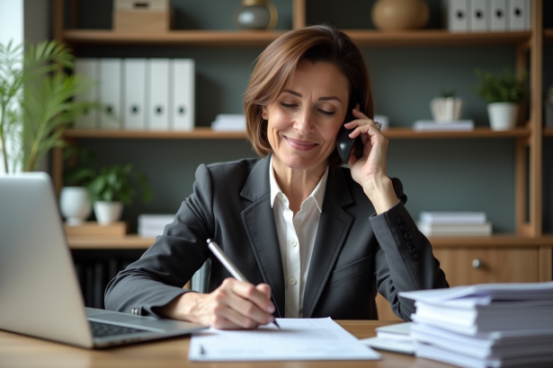 Femme en retraite travaillant à son bureau moderne