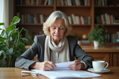 Femme retraitée examine documents à la maison