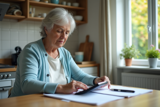Femme retraitée examinant des documents de pension à la maison