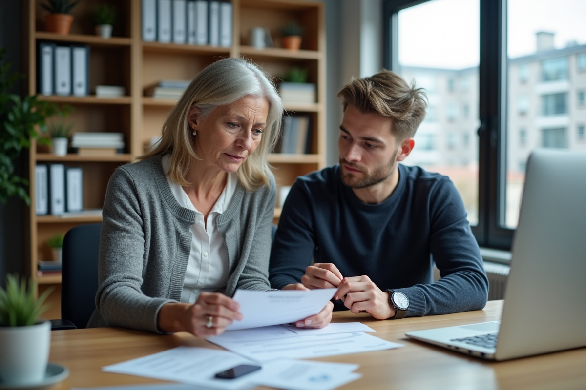 Femme mature et jeune adulte examinant des documents de retraite