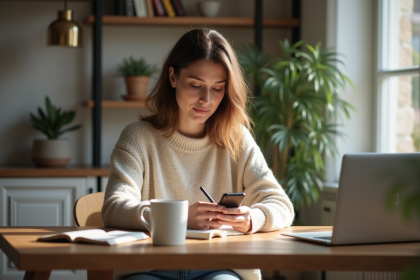 Femme assise à la maison avec smartphone et carnet