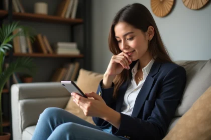 Jeune femme en blazer regarde son smartphone dans un salon chaleureux