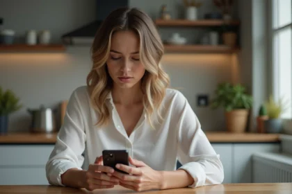 Femme utilisant son smartphone pour consulter des factures