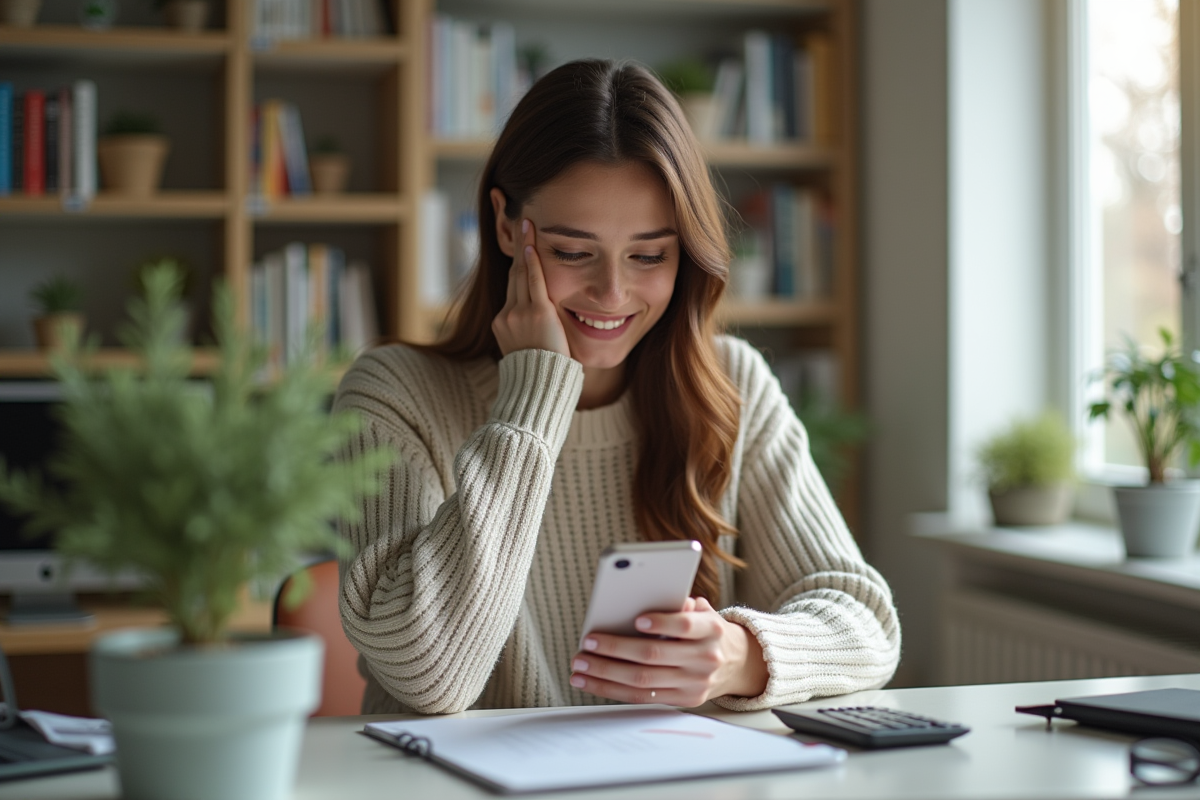 Jeune femme souriante vérifiant son téléphone dans un bureau moderne