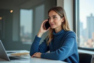 Femme au téléphone dans un bureau moderne et lumineux