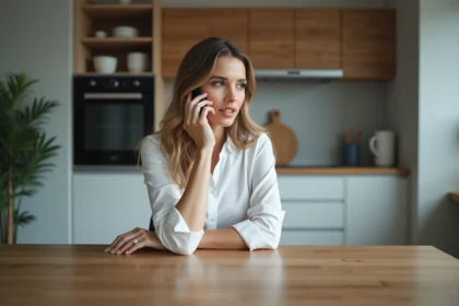 Femme au téléphone dans une cuisine moderne à la maison