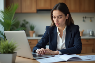 Femme en blazer bleu travaillant à la maison sur ses finances