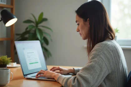 Femme effectuant un virement bancaire en ligne sur son ordinateur portable depuis son bureau à domicile