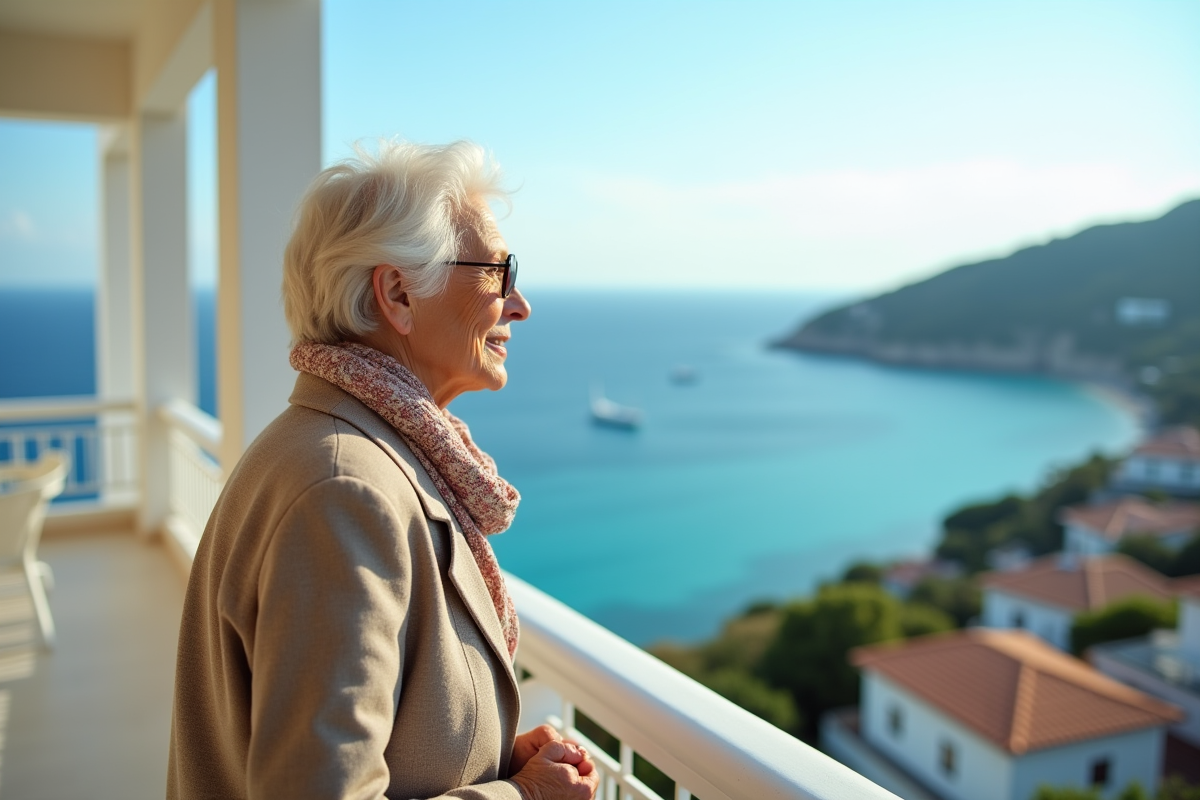 Femme retraitée regardant la mer depuis un balcon moderne