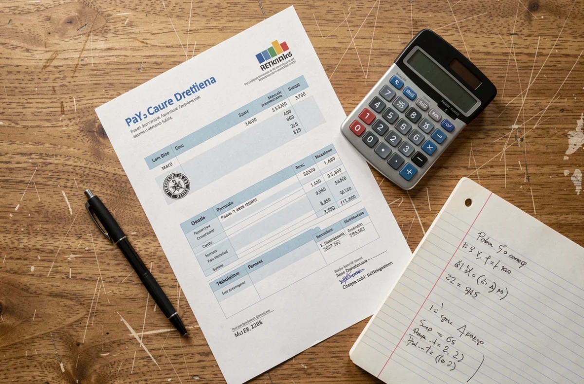 Gros plan sur une fiche de paie SMIC 25 heures avec calculatrice et notes manuscrites sur un bureau