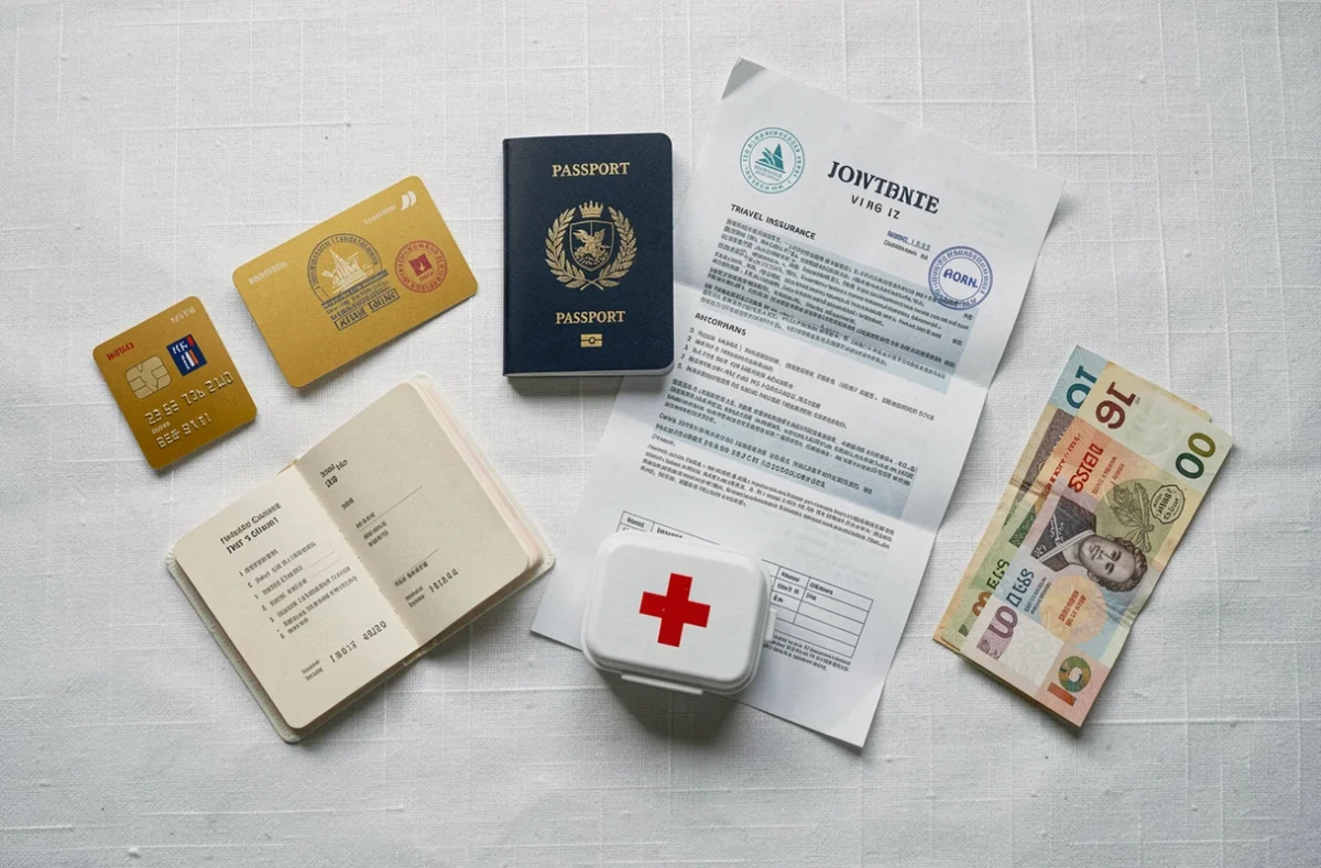 Flat lay éditorial avec carte gold, passeport, documents d'assurance voyage et devises étrangères sur lin blanc