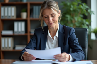 Femme fonctionnaire lisant des documents de pension
