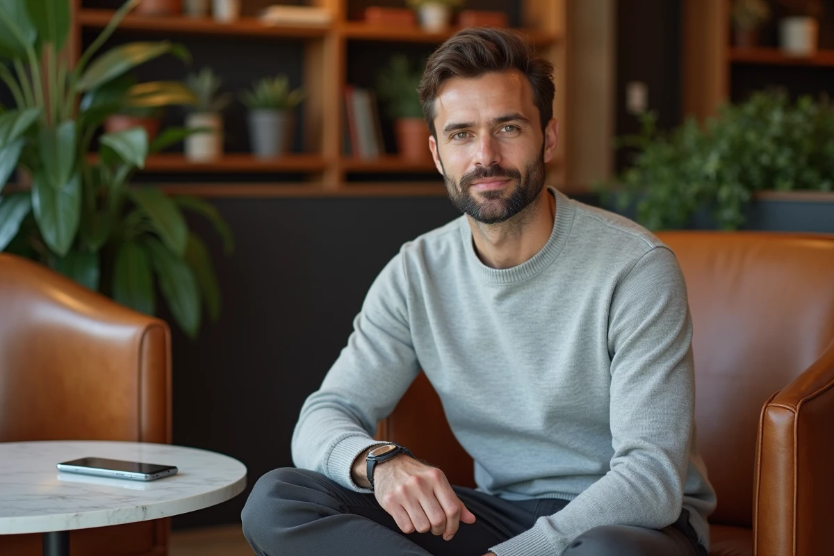 Jeune fondateur de application de gestion de patrimoine installé dans un espace de coworking haut de gamme avec smartphone affichant une interface fintech