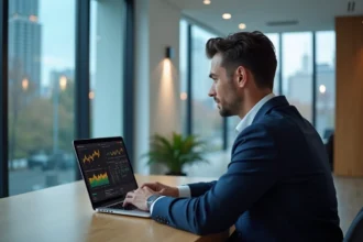 Fondateur de startup fintech assis à son bureau moderne avec tableau de bord financier affiché sur écran, évoquant la fortune et le succès entrepreneurial