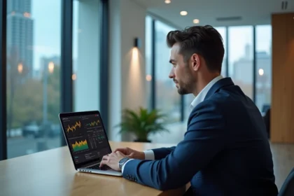 Fondateur de startup fintech assis à son bureau moderne avec tableau de bord financier affiché sur écran, évoquant la fortune et le succès entrepreneurial