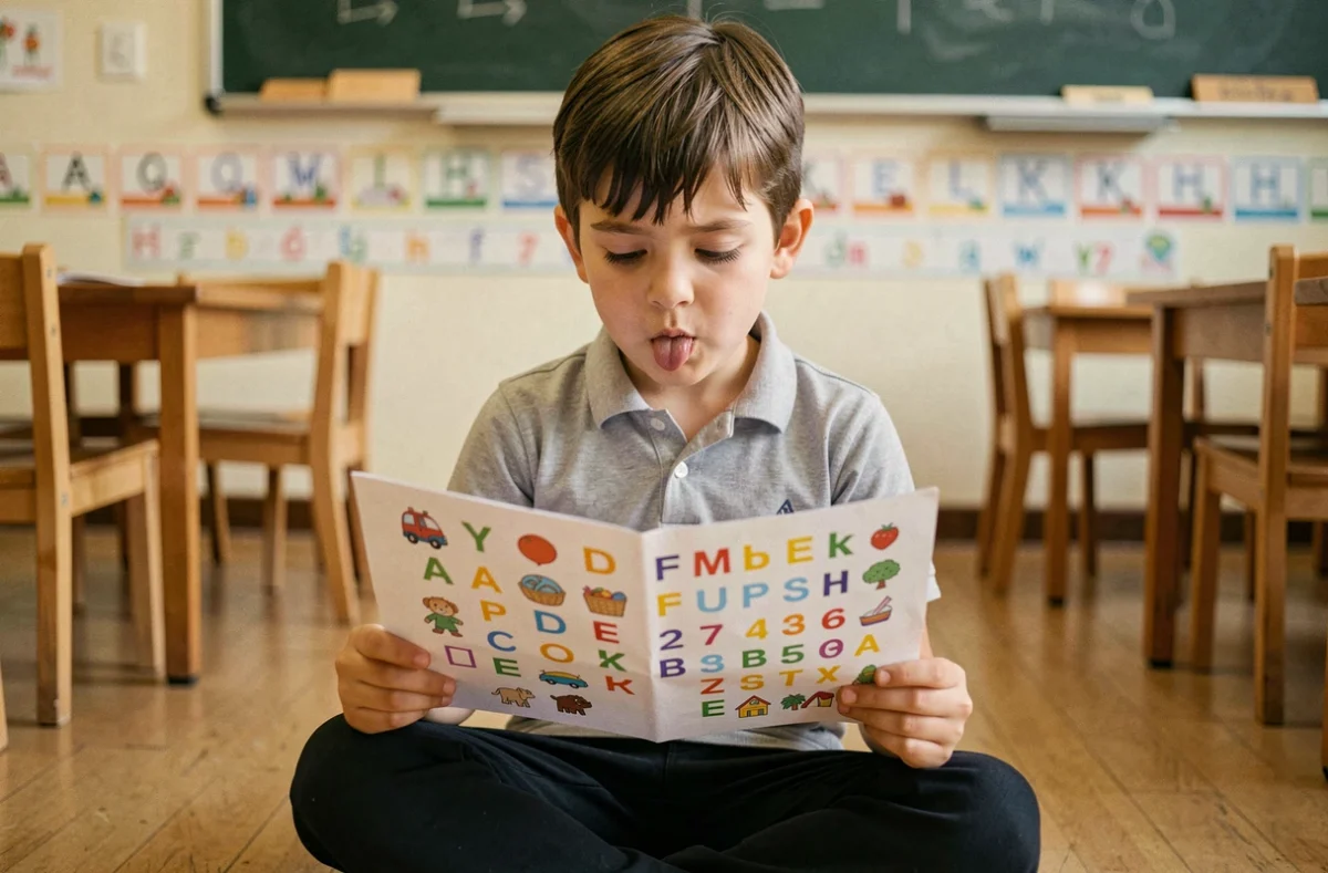 Jeune garçon concentré sur un exercice imprimé d'apprentissage des lettres et des chiffres dans une salle de classe de maternelle inspirée du blog Ptitclic