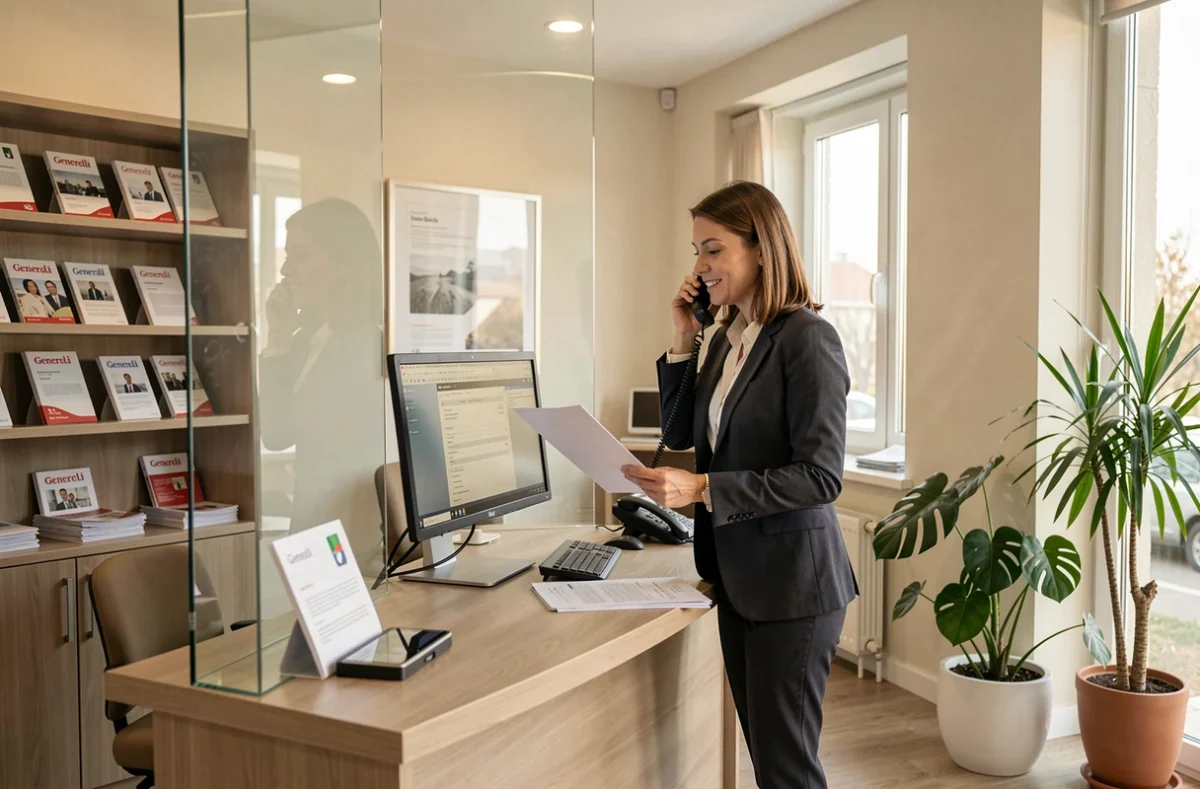 Courtière du cabinet Bourhis Assurance affilié Generali en conversation téléphonique dans son bureau professionnel