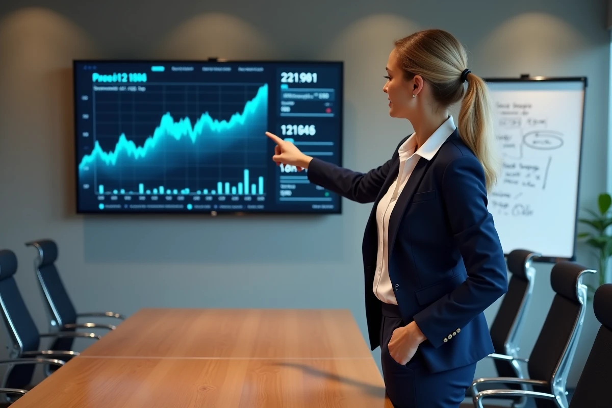 Gestionnaire de portefeuille présentant des scénarios de cours cibles pour une action boursière sur tableau de bord interactif en salle de conférence