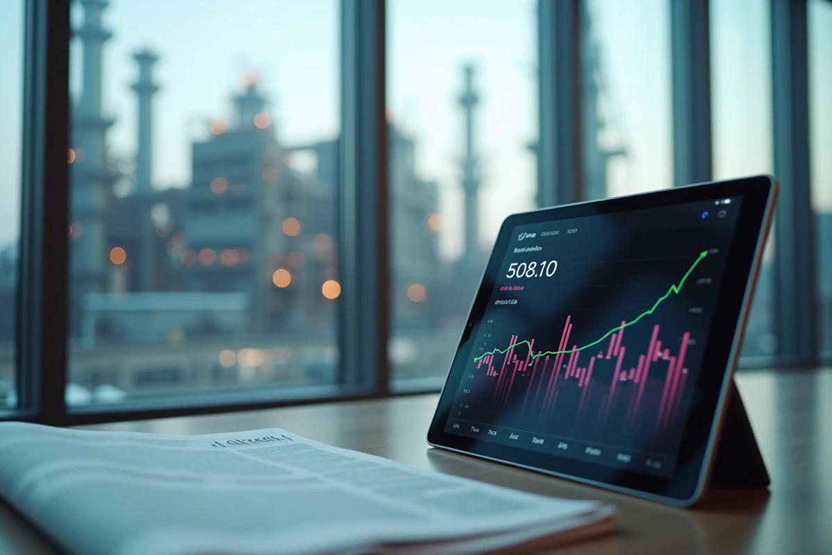 Tablette affichant un graphique boursier d'ArcelorMittal posée sur une table avec une usine sidérurgique visible en arrière-plan
