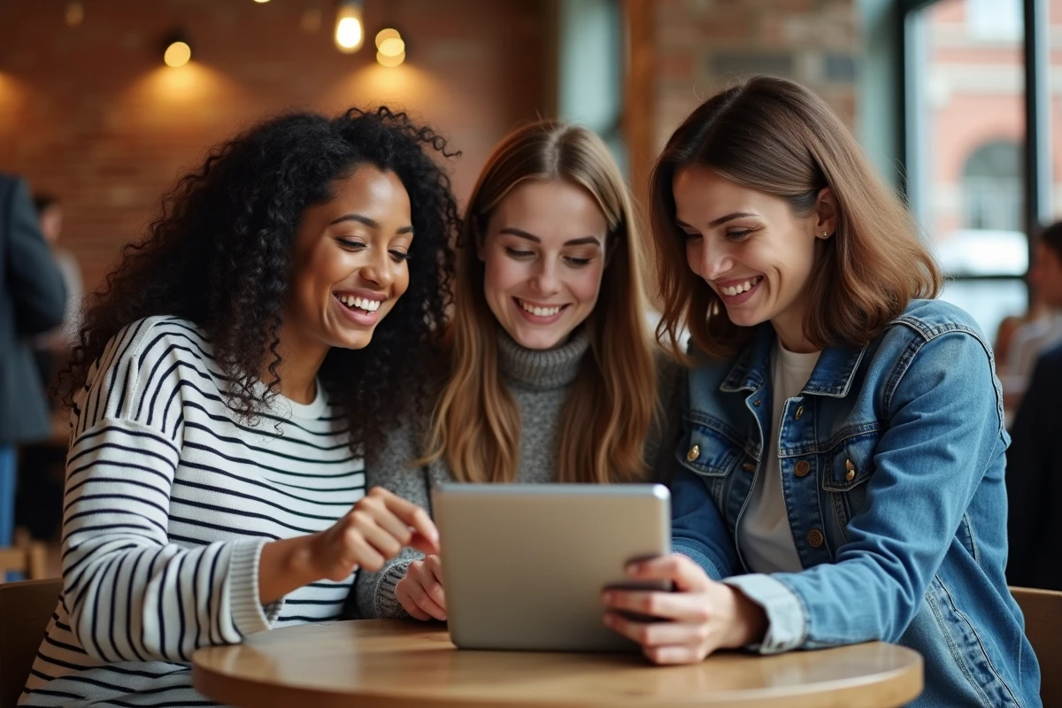 Groupe d'amis collaborant sur la personnalisation d'une cagnotte participative sur une tablette dans un café