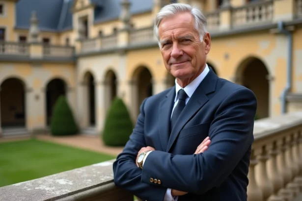Portrait d'un homme d'affaires français élégant devant un château de la Loire, évoquant la réussite et le patrimoine