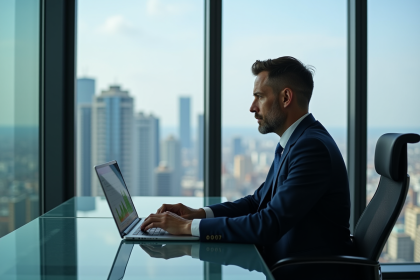 Homme d'affaires en costume regardant des graphiques d'investissement