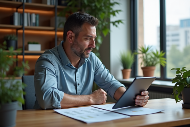 Homme d'affaires confiant travaillant sur documents financiers