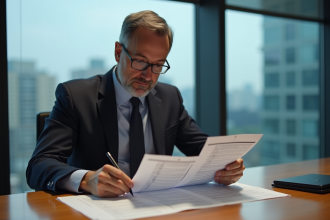 Homme d'affaires en costume examine des documents financiers
