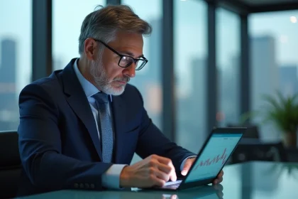 Homme d'affaires en costume regardant une tablette