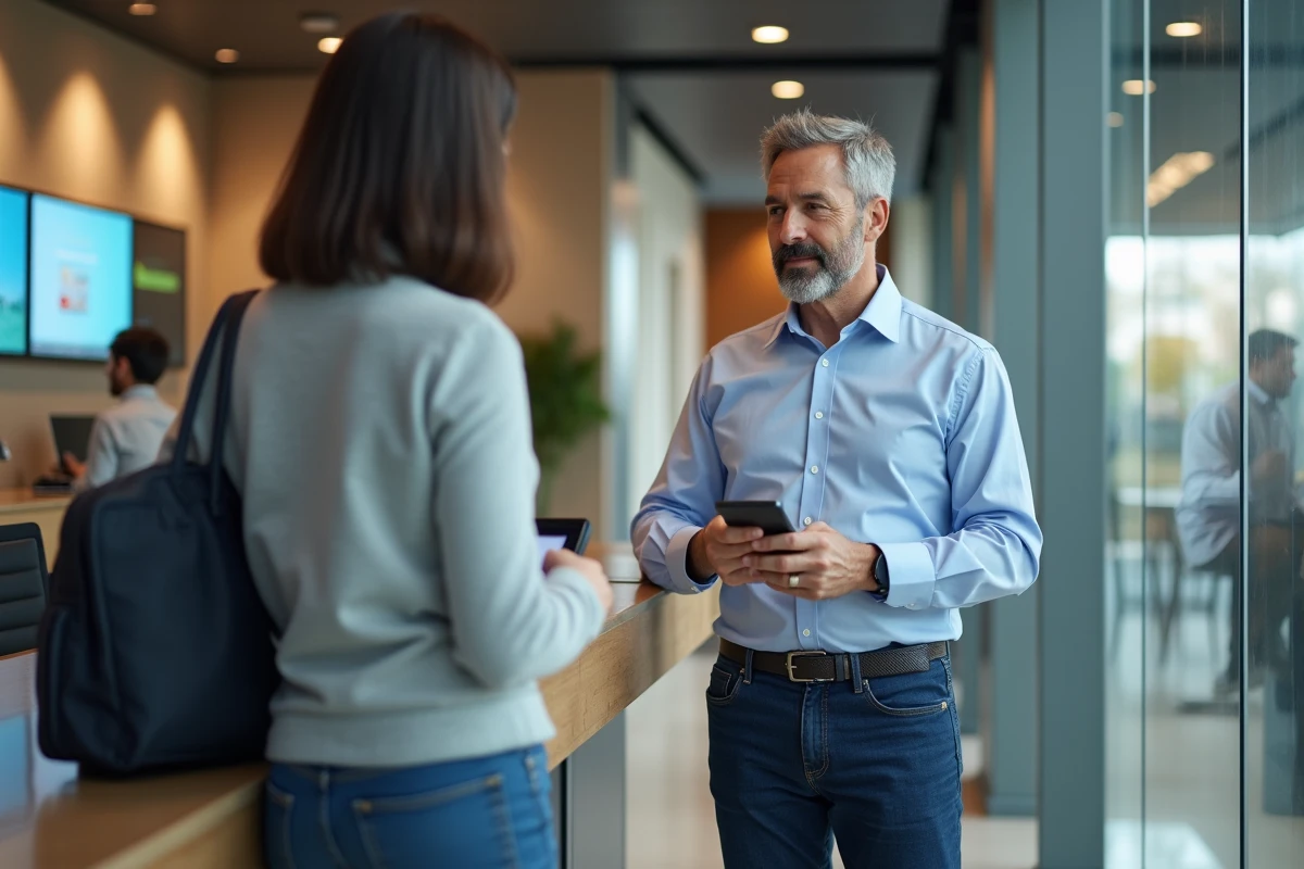 Homme parlant avec un conseiller bancaire au guichet